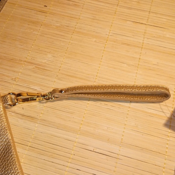 NWOT IMOSHION Bonjour Au Revoir Gold Vegan Leather Wristlet Purse Makeup Bag - Picture 7 of 10